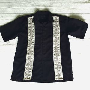 Cubavera Shirt Mens Large Button Up Black & Ivory Striped Short Sleeve